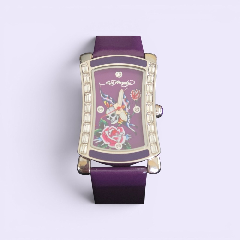 Ed Hardy Womens Watch Purple Leather Skull Butterfly Rose Rhinestone Y2K Quartz